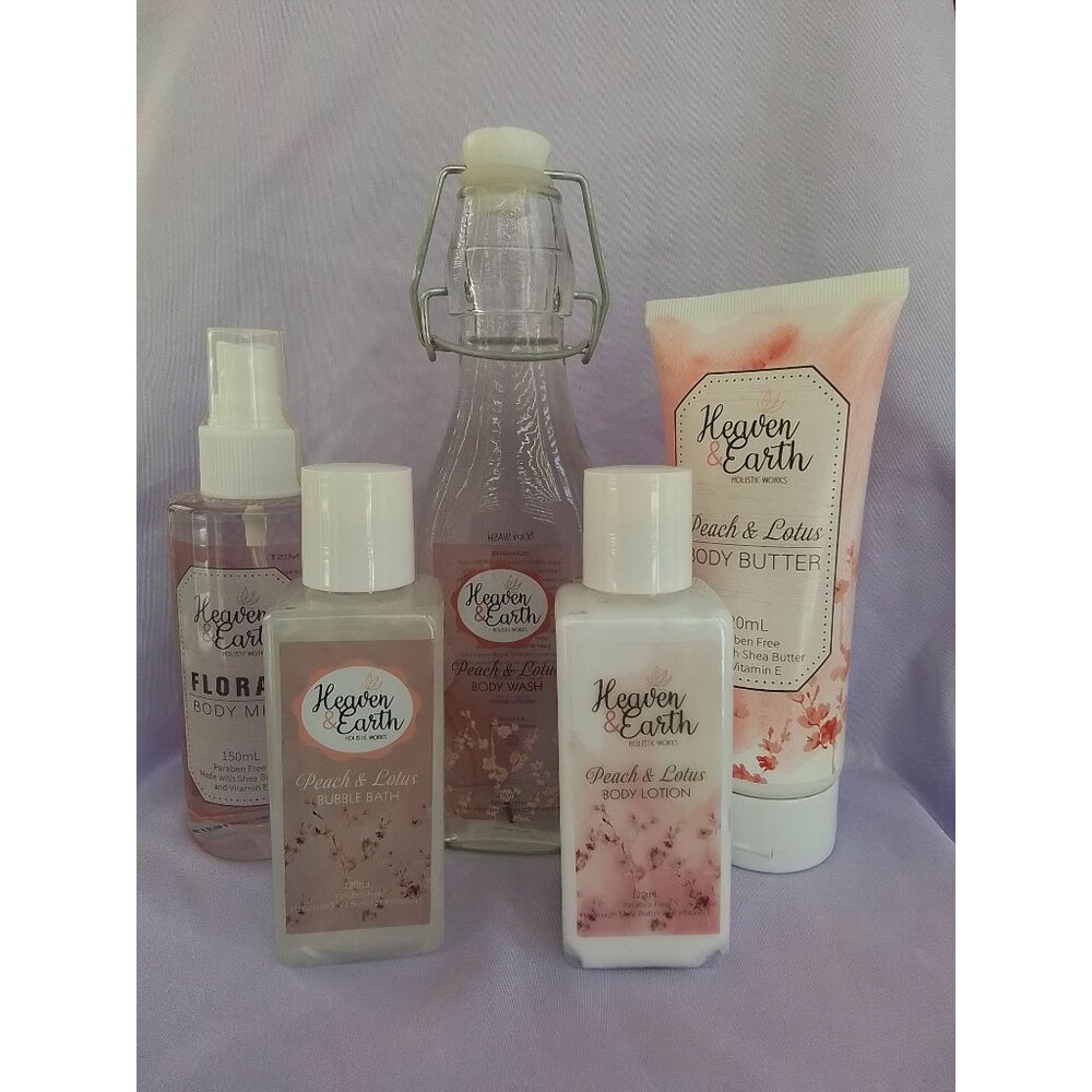 Heaven & Earth Peach & Lotus Body Care Set Mist Shower Gel Lotion Bubble Bath